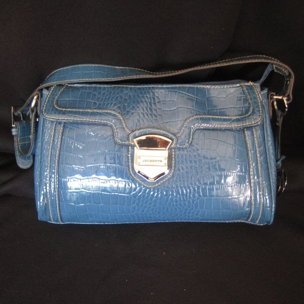 LIZ CLAIBORNE Blue patent polyvinyl shoulder bag w/zipper closure - GOOD cond.!